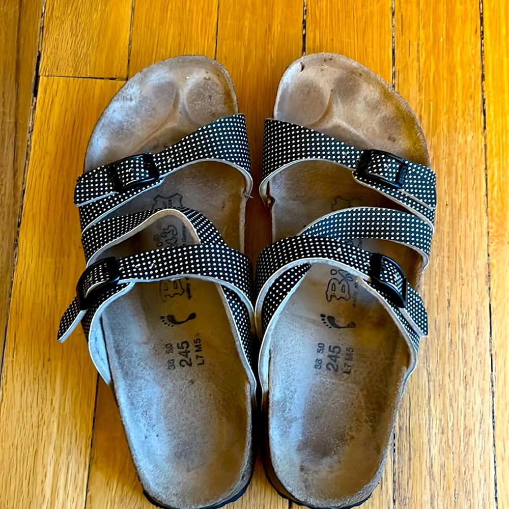 Birkenstock slip on sandals. Cute Polka dot  Size 38 (7). Hardly worn. See sole.